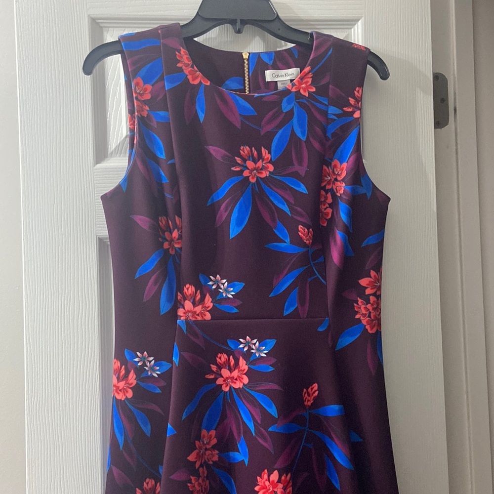 wine colored floral dress by Calvin Klein